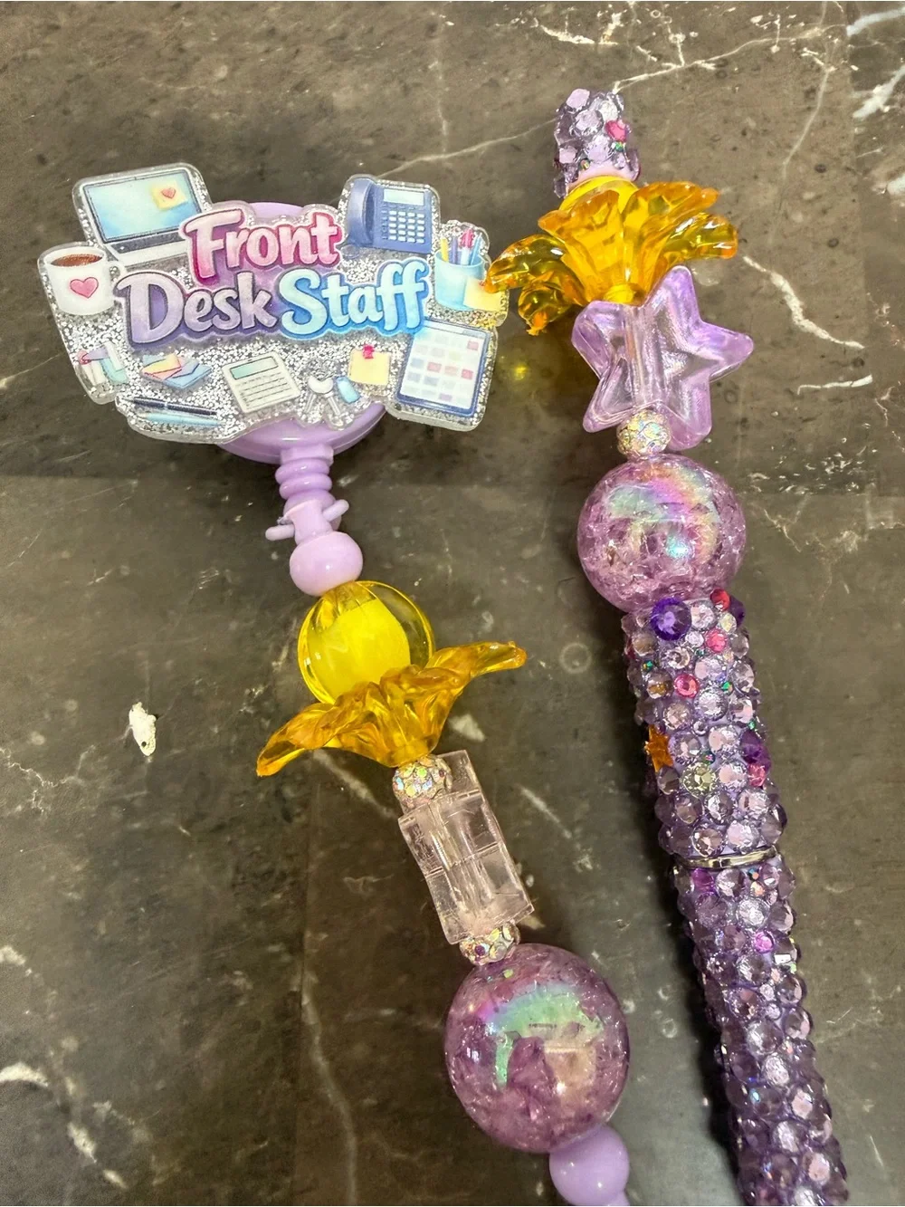 Purple Front Desk Staff Rhinestone Beaded Pen and Matching Badge Reel Handmade